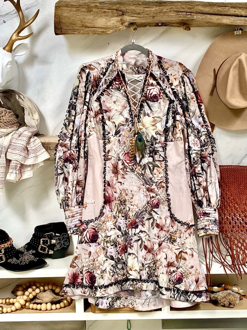 Stunning Floral Woven & scalloped trim Mini boho Dress w shabby chic luxury feel